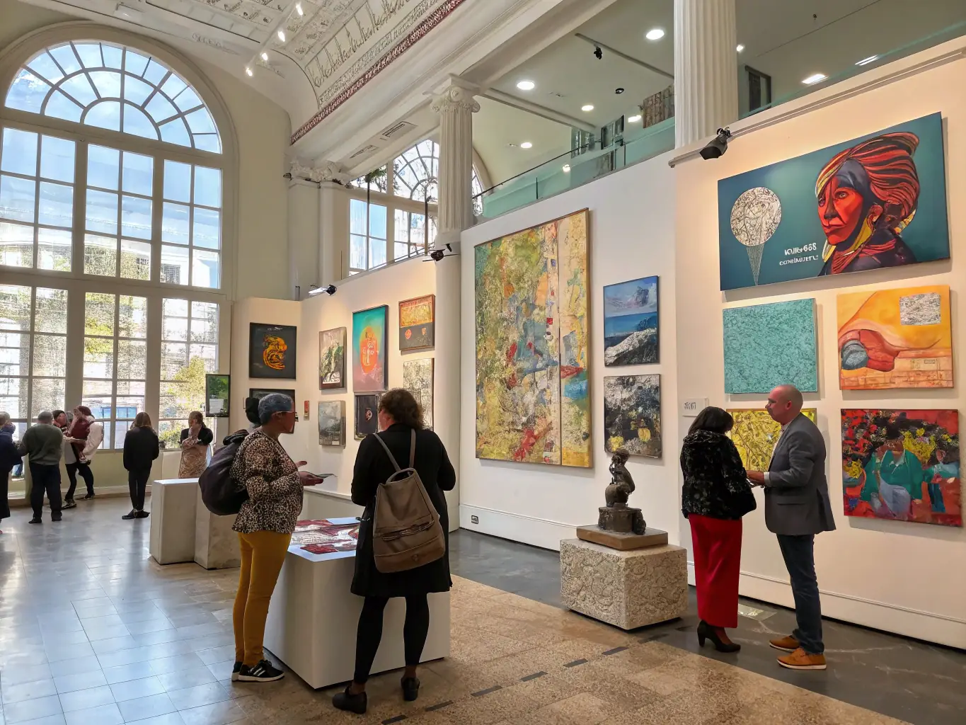 A captivating image of an art exhibition featuring works by emerging artists, with visitors admiring the diverse range of styles and mediums, set in a contemporary art space.
