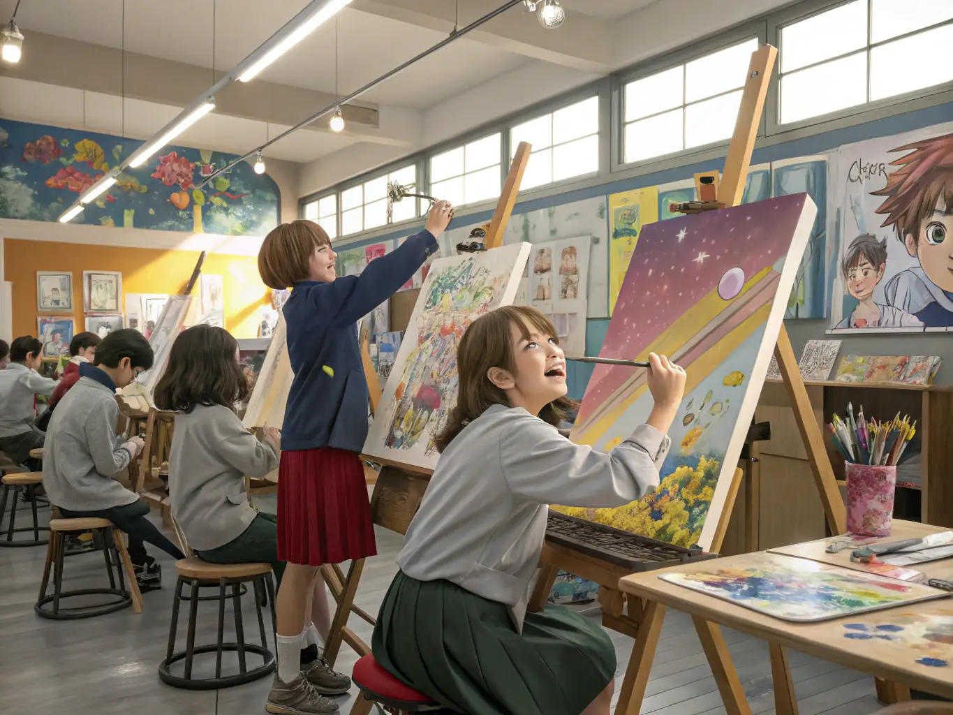 A vibrant image showcasing a group of young artists participating in a collaborative painting workshop, with diverse backgrounds and expressions of creativity, set in a brightly lit studio environment.