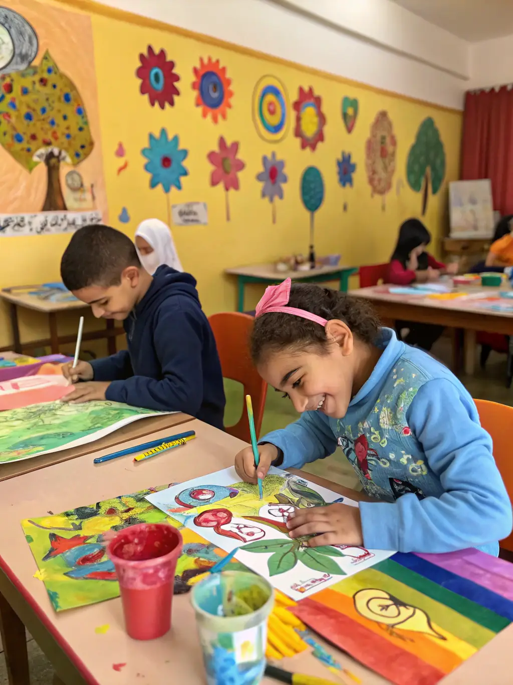 A photograph capturing a vibrant art workshop in progress, with young artists actively participating and creating their own masterpieces under the guidance of experienced instructors.