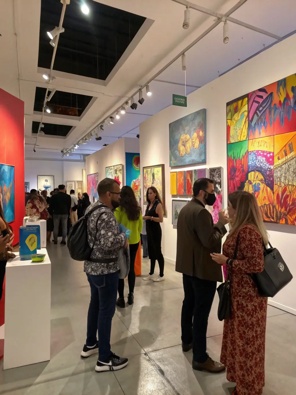 A captivating photo of an art exhibition opening night, with a diverse crowd admiring the artworks and interacting with the artists in a lively atmosphere.